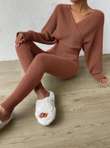 SHEIN Essnce 2入組休閒v領長袖毛衣 - 鏽棕色 - 查看 5