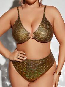 SHEIN Swim Curve Conjunto De Trajes De Baño De Talla Grande - Mostaza Amarilla - Ver 4