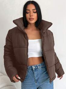 EURMUSE Zip Up Drop Shoulder Puffer Coat - Brown - View 6