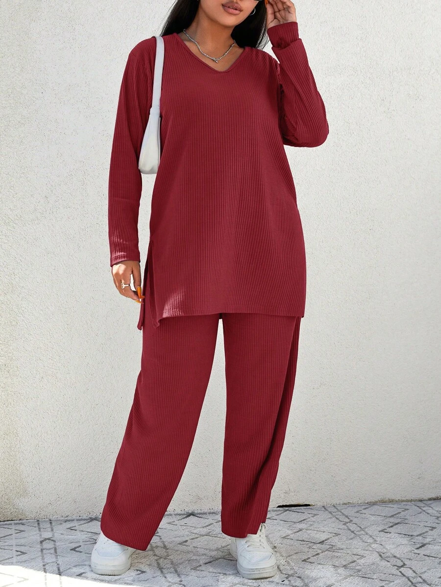 EURMUSE Plus Solid Split Hem Tee & Wide Leg Pants - Burgundy - View 1