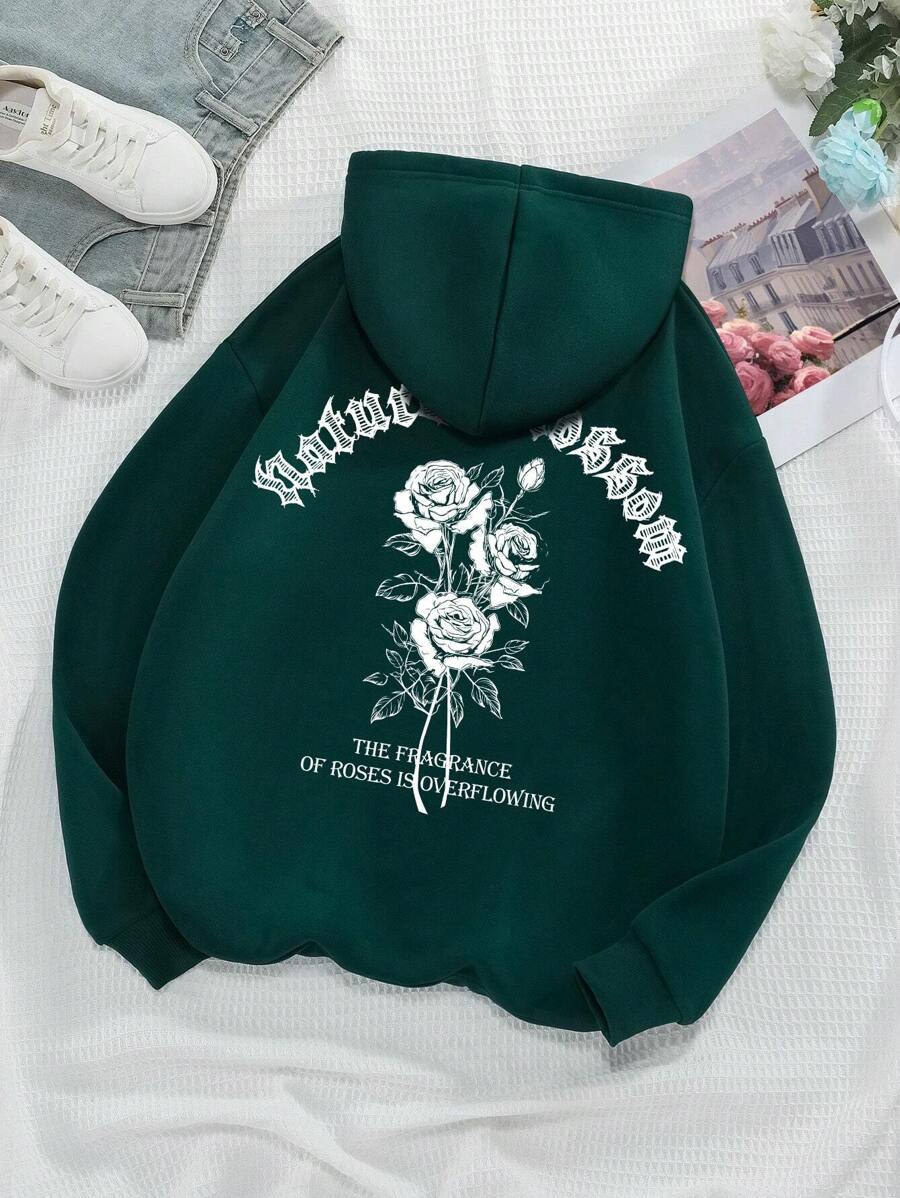 INAWLY 玫瑰字母印花连帽休闲卫衣,玫瑰芬芳馥郁,长袖上衣,毕业季、返校季、毕业季、教师节女士款,返校季套头衫,秋季卫衣 - 墨綠色 - 查看 1