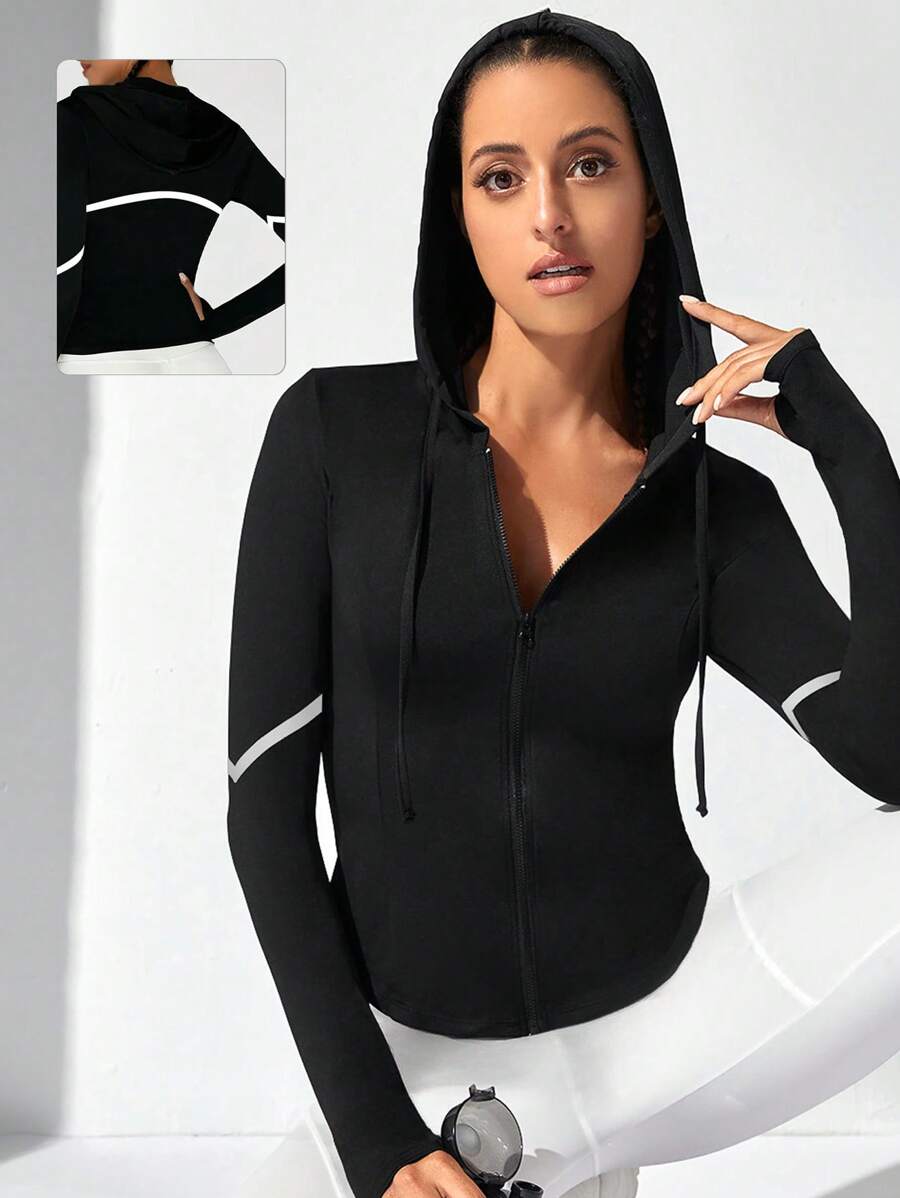 SHEIN Daily&Casual Của phụ nữ Dây kéo mặt trước áo có mũ Phản chiếu Thể thao Áo khoác Với dây rút - màu đen - Xem 1