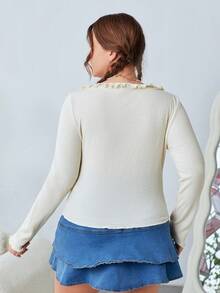 SHEIN EZwear 大码女式长袖荷叶边T恤 - 杏色 - 查看 2