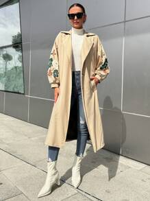 RueChic Floral Print Drop Shoulder Slant Pocket Trench Coat - Beige - View 1