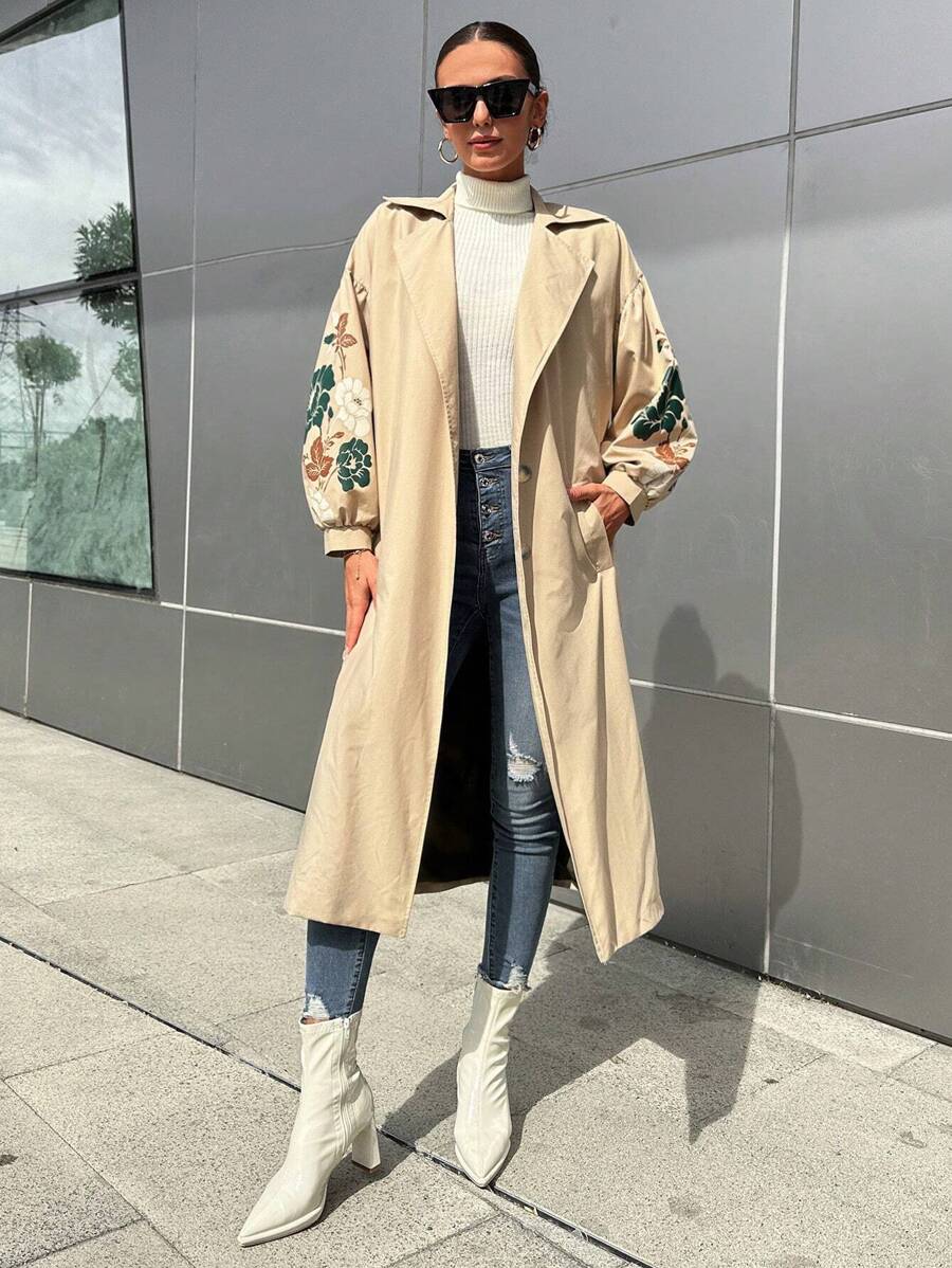 RueChic Floral Print Drop Shoulder Slant Pocket Trench Coat - Beige - View 1