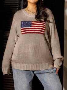 SHEIN EZwear Plus Size Women's Flag Patterned Sweater Pullover