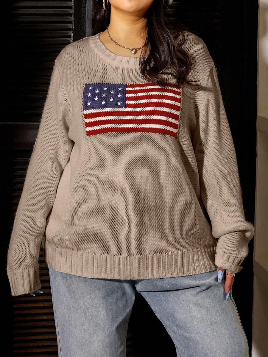 SHEIN EZwear Plus Size Women's Flag Patterned Sweater Pullover