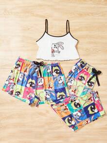 大尺碼女兔印花吊帶背心上衣和短褲/長褲睡衣套裝 - 彩色 - 查看 5