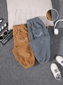 Tween Boys' Casual Loose Embroidery Thick Knitted Fleece Pants With Elastic Cuffs, 2 Colors, 2pcs/Set - Multicolor - View 1