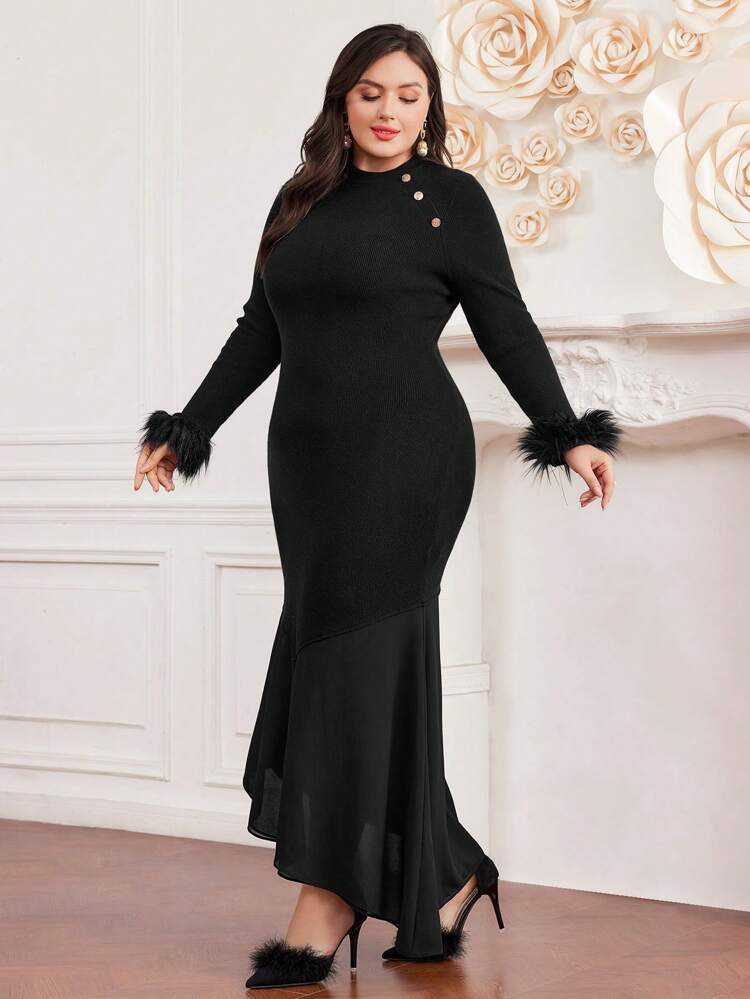 Plus Size Knitted Sweater Dress With Button Decoration, Fuzzy Cuffs And Asymmetric Hemline