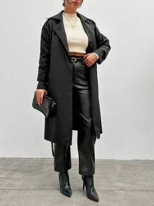 EURMUSE Black Long Trench Coat - Black - View 3