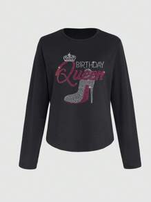 INAWLY 大碼水鑽字母&高跟圖案T恤 - 黑色 - 查看 3