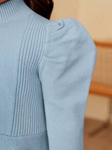 SHEIN Young Girl Elegant Stand Collar Gigot Sleeve Two Piece Set Sweater And Pants - Blue - View 5