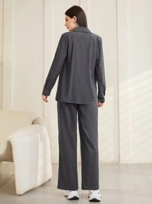Mulvari Two Piece Set With Long Sleeve Shirt And Wide Leg Pants - Dark Grey - View 2