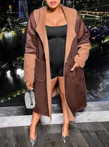 SHEIN MOOSTA 大码中长款羊毛大衣，带保暖衬里 - 咖啡棕 - 查看 4