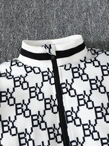 SHEIN 男童优雅户外字母印花拉链前开襟夹克和裤子套装 - 白色 - 查看 3