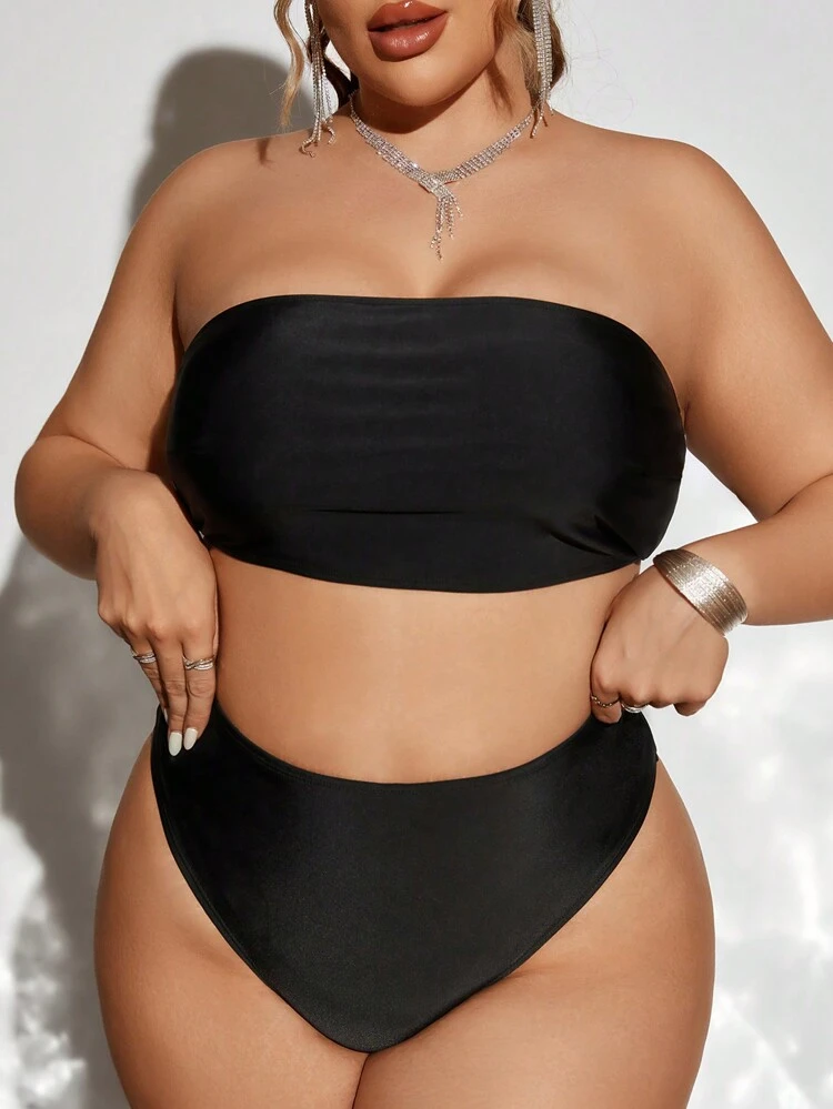 Plus Size Women's One Shoulder Mesh Long Sleeve Tankini Set Summer