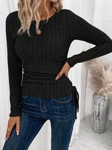 SHEIN LUNE 純色褶皺立領長袖t恤 - 黑色 - 查看 5