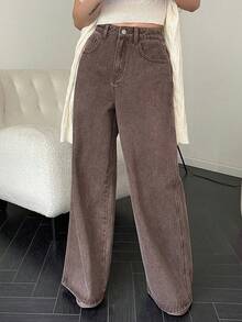 女士寬腿牛仔褲 - 棕色 - 查看 2