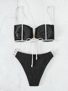 SHEIN Swim Summer Beach Women's Texture Fabric Hollow Out Two-Piece Bikini Set - Black and White - View 2