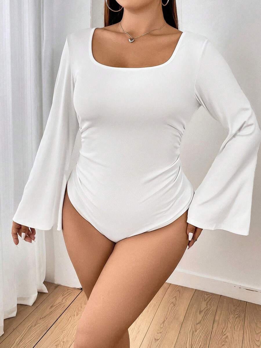 Flirla Kích thước lớn Của phụ nữ Cổ vuông Tay áo loe Áo liền quần chặt - trắng - Xem 1