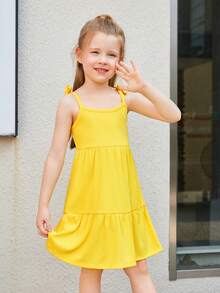SHEIN Nhỏ bé Cô gái Đan Màu thuần Bowknot Dây đeo Váy dây treo , Hoàn hảo Đối với Kỳ nghỉ - Màu vàng - Xem 4