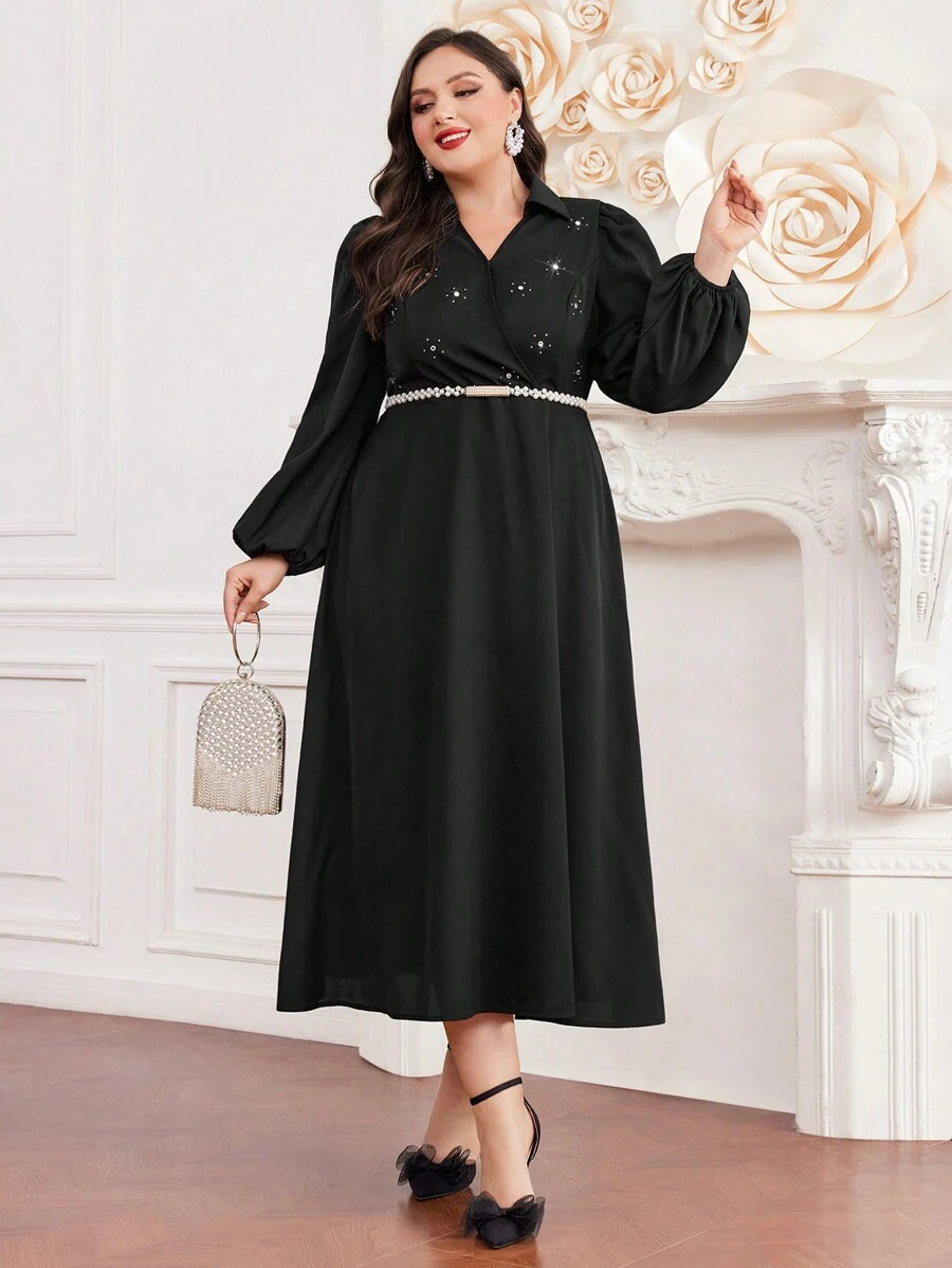 Modelyn Plus Size Crystal Embellished Lantern Sleeves Dress (belt Not Included) - Black - View 1