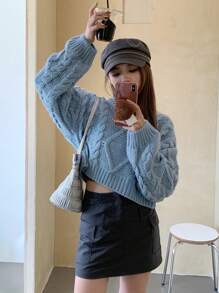 DAZY 女式落肩长袖毛衣，秋装 - 藍色 - 查看 4