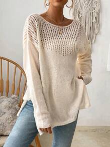 SHEIN LUNE Vòng cổ Màu thuần Giải trí Áo chui đầu Áo len - Màu be - Xem 6