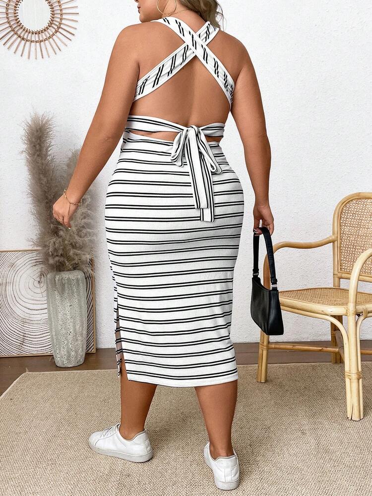 Plus Size Crossed Knot Back Striped Dress