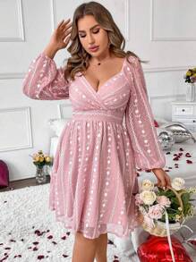 Flirla Kích thước lớn Bọc Cái cổ Tay áo lồng đèn In hoa Đầm - Hồng - Xem 7