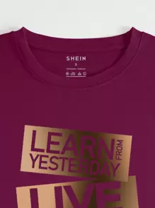 INAWLY 女式字母印花 T 恤 从昨天学习 活在当下 希望明天 图案 T 恤 女式上衣 - 紫紅色 - 查看 3