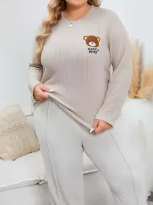 Plus Size Round Neck Long Sleeve Homewear Top With Bear Print