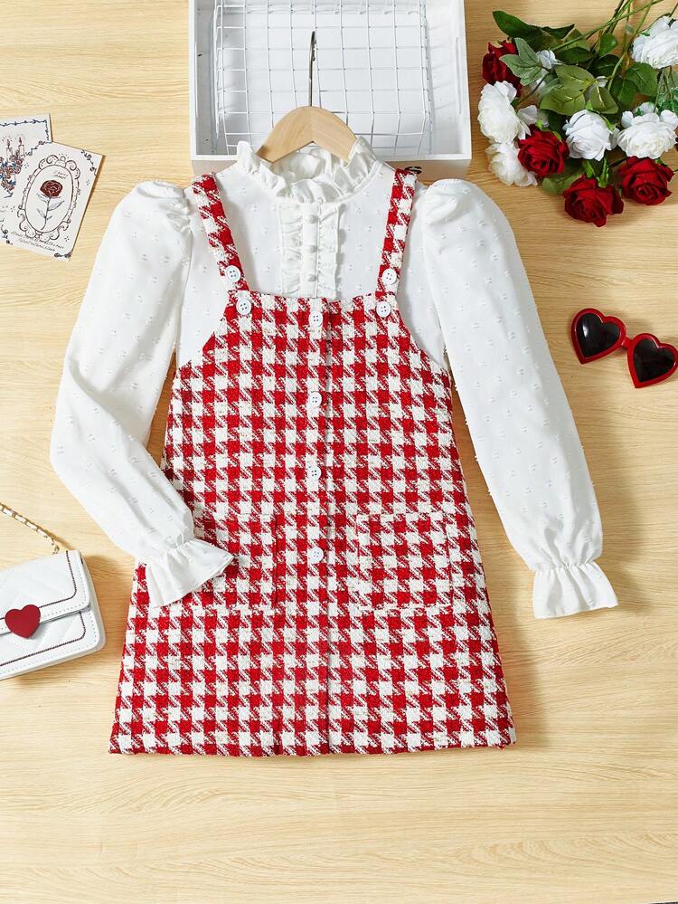 Girls' Woven Solid Color Shirt With Leg Of Mutton Sleeve And Plaid Overall Dress Two-Piece Set