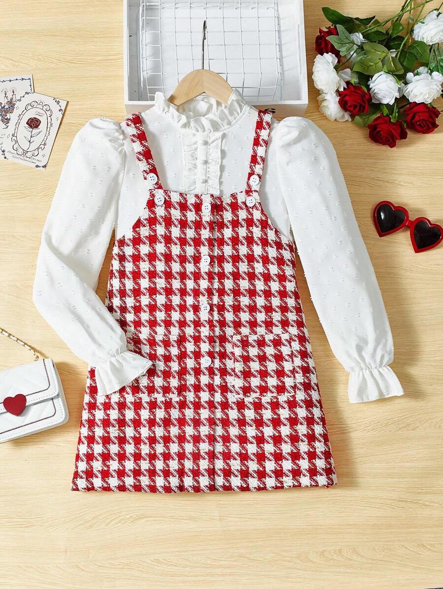 Girls' Woven Solid Color Shirt With Leg Of Mutton Sleeve And Plaid Overall Dress Two-Piece Set - Red - View 1