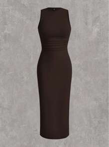 SHEIN EZwear Plus Size Women's Knit Solid Color Bodycon Tank Dress - Chocolate Brown - View 1