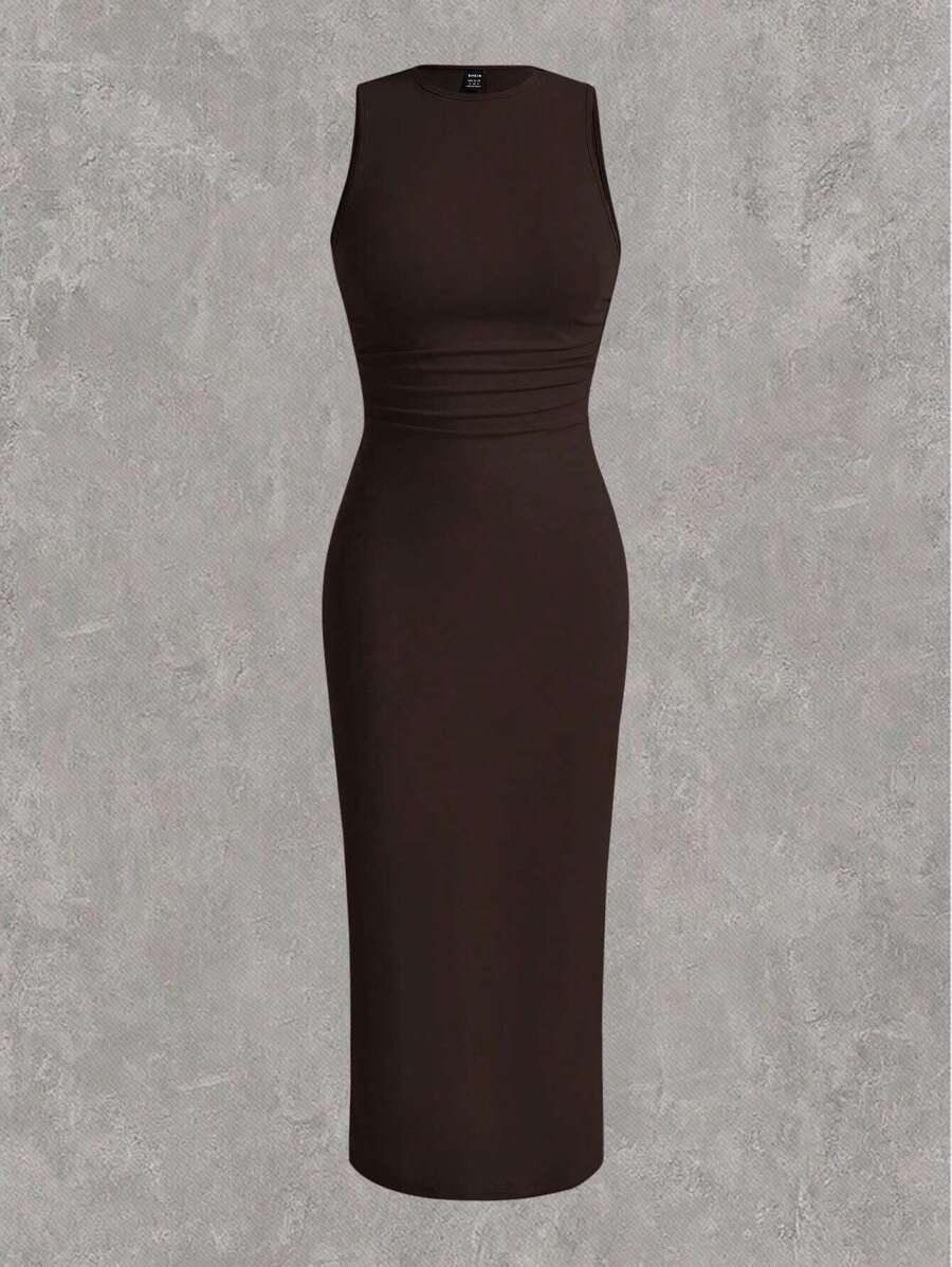 SHEIN EZwear Plus Size Women's Knit Solid Color Bodycon Tank Dress - Chocolate Brown - View 1