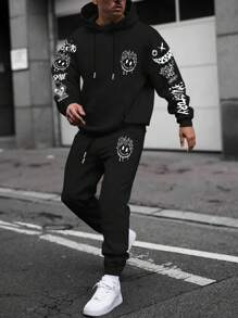 Manfinity EMRG Men Plus Face & Letter Print Hoodie And Sweatpants Set - Black - View 1
