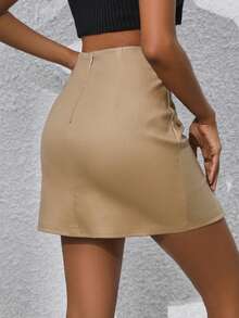 Allurite High Waist Slit Hem Skirt - Khaki - View 2