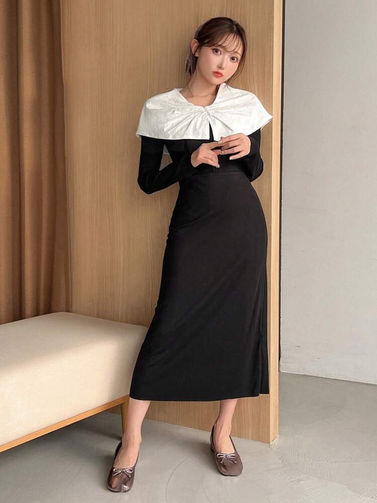 Color Block Bow Decorated Long Sleeve Dress,Fall Clothes Maxi Dress