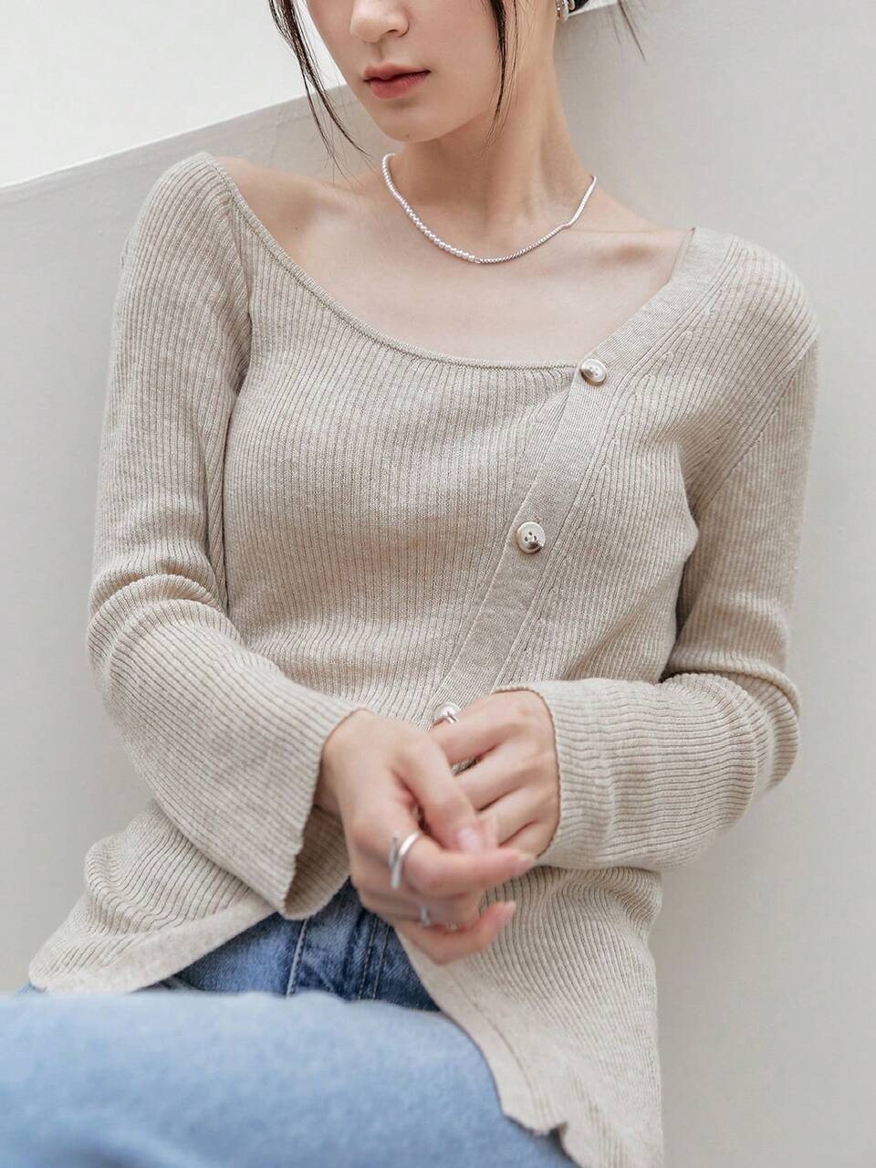 Asymmetrical Neck Ribbed Knit Cardigan