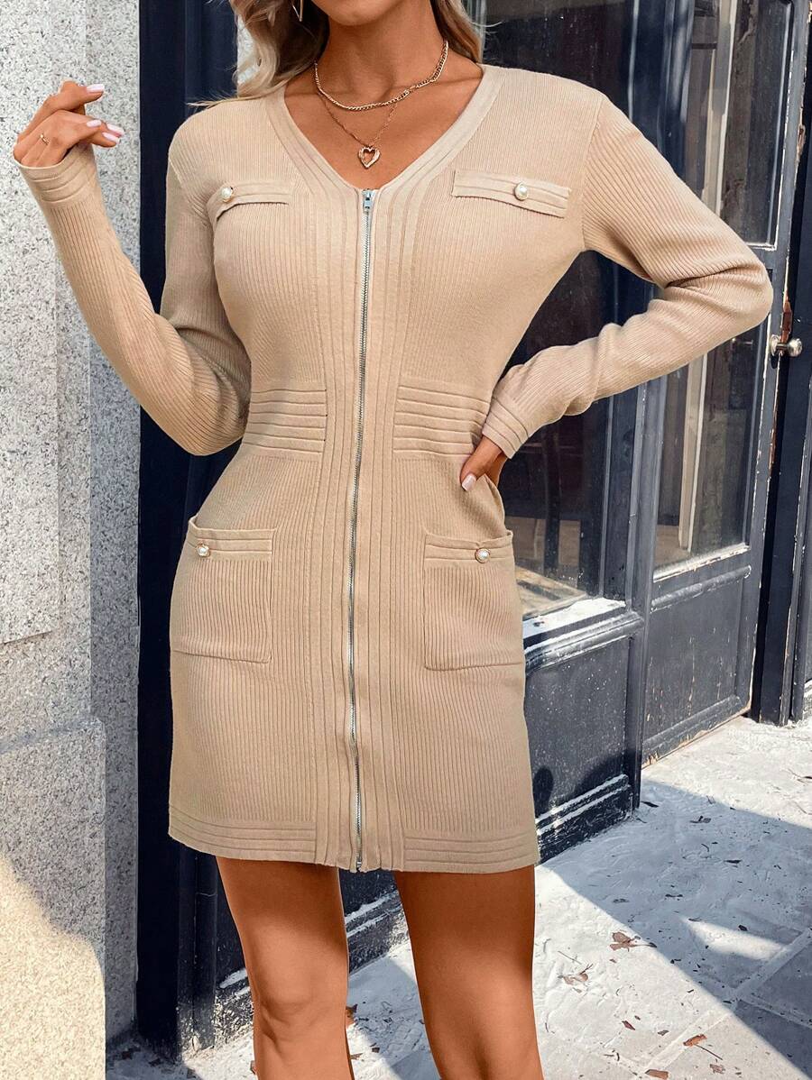 SHEIN Privé Solid Color Zipper V-neck Sweater Dress - Apricot - View 1