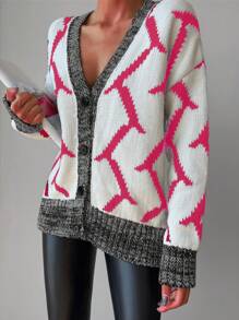 EURMUSE Graphic Contrast Binding Cardigan - Hot Pink - View 5