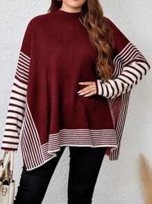 EMERY ROSE Plus Size Striped Color Block Sweater - Red - View 1