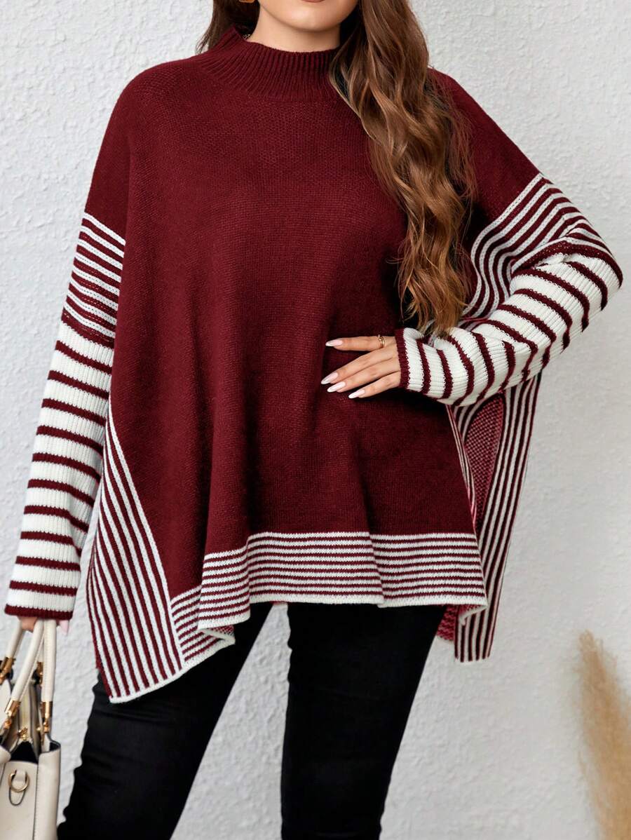 EMERY ROSE Plus Size Striped Color Block Sweater - Red - View 1