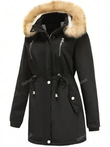 Women's Warm Parka Coat Thickened Winter Warm Furry Fluffy Hooded Jacket With Pocket Fashion Casual Ski Fit Windbreaker Outerwear