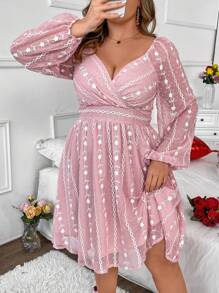 Flirla Kích thước lớn Bọc Cái cổ Tay áo lồng đèn In hoa Đầm - Hồng - Xem 8