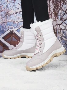 新款高帮防滑厚羊毛女冬靴，户外登山靴，时尚系带雪地靴，冬季徒步旅行和旅行保暖防水靴，男女通用设计 - 米色 - 查看 4