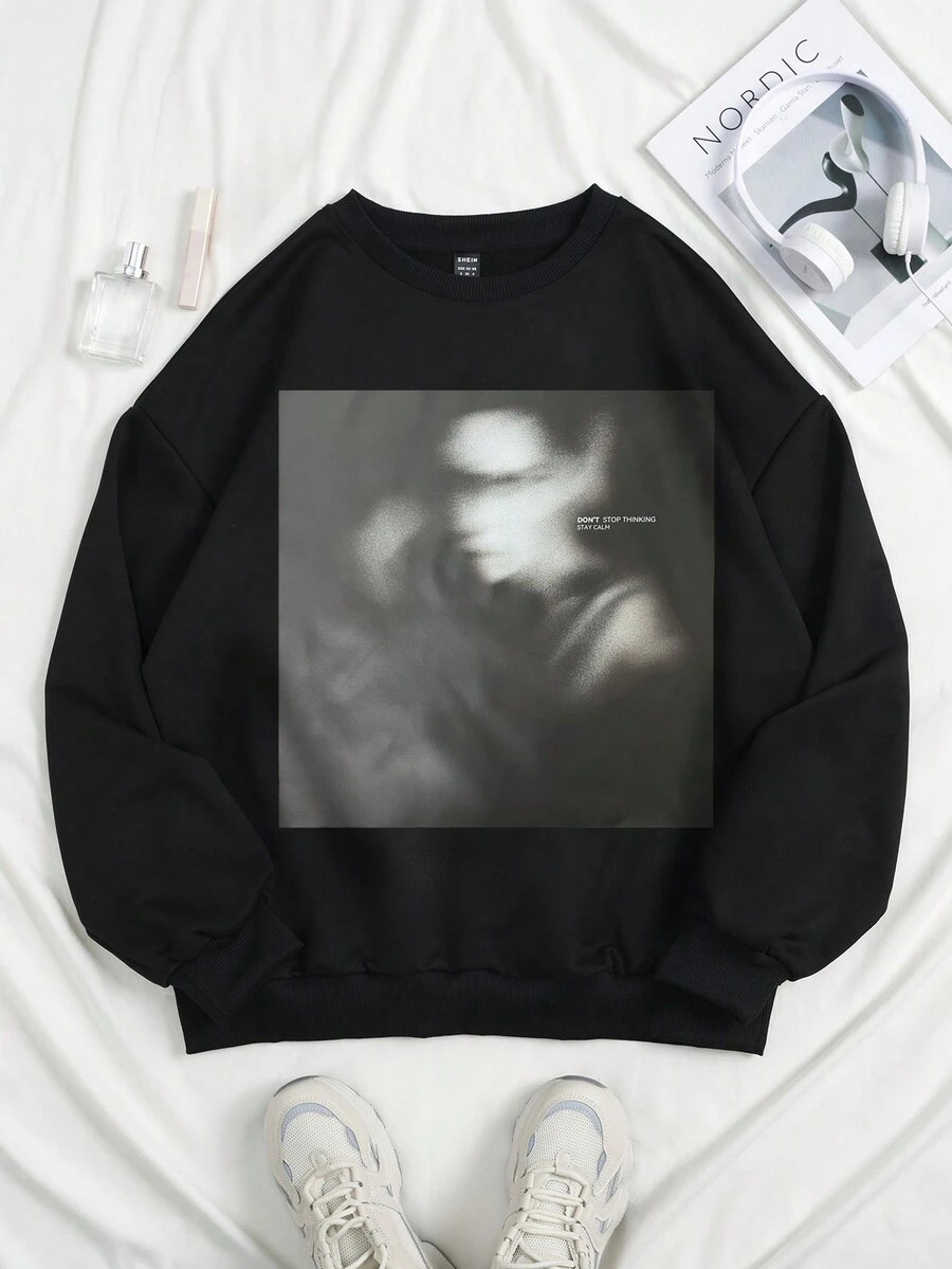 SHEIN EZwear Slogan Graphic Drop Shoulder Sweatshirt - Black - View 1