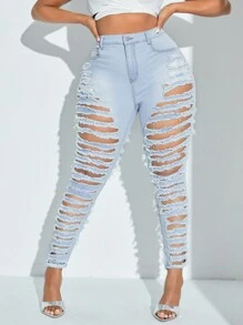 SHEIN SXY Kích thước lớn Gầy Quần jean rách - Rửa nhẹ - Xem 4